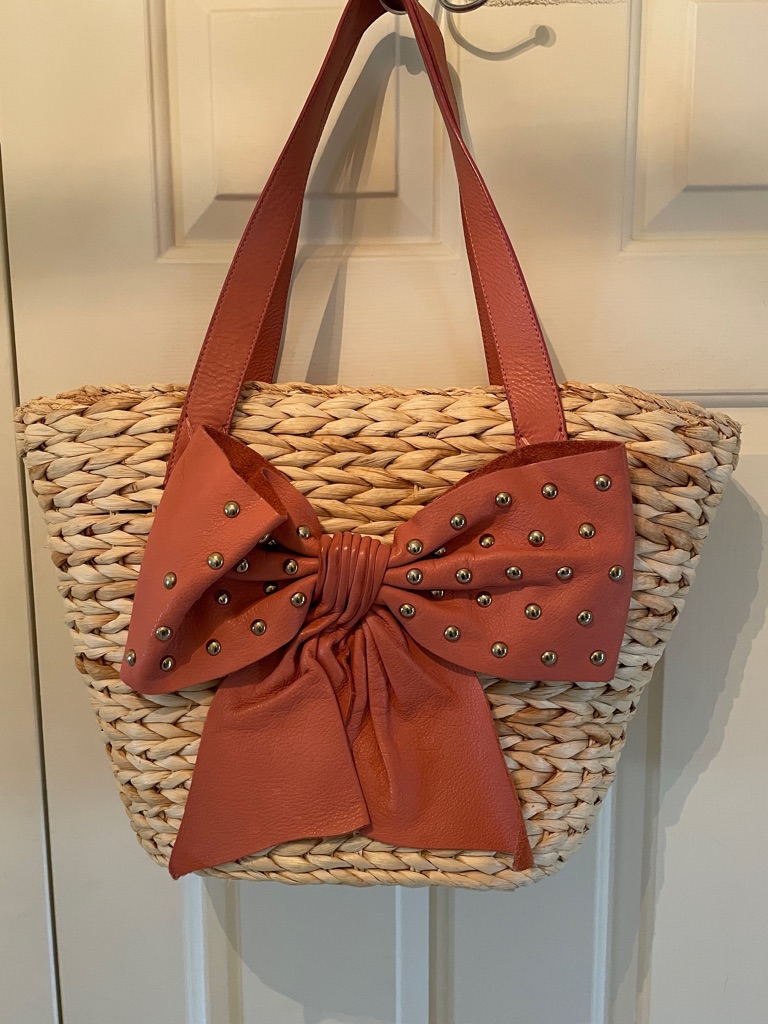Red Valentino Straw Tote With Studded Terracotta Dusty Rose Bow